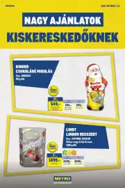 Metro akciós újság Oldal 1: Lindt Lindor desszert €1.899,00, Kinder Csokoládé Mikulás €549,00