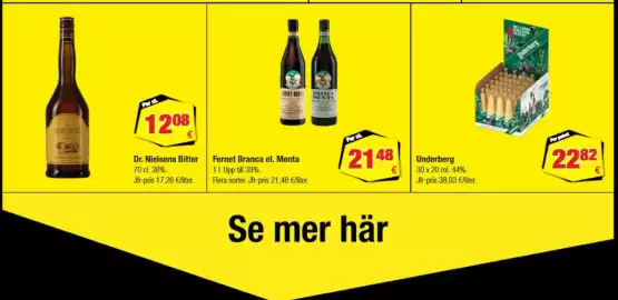 Calle reklamblad Sida 18: Dr. Nielsens Bitter €12,08, Fernet Branca el. Menta €21,48