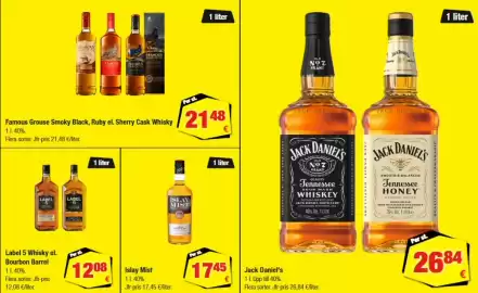 Calle reklamblad Sida 4: Jack Daniel's €26,84, Famous Grouse Smoky Black, Ruby el. Sherry Cask Whisky €21,48
