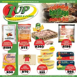 1UP catalogue Page 2: Country Range Chicken Thighs €199,00, First Choice Cheddar or Gouda Cheese €95,00