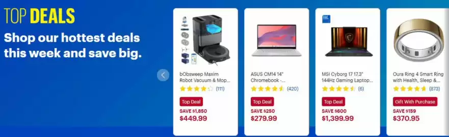 Best Buy flyer Page 1: Oura Ring 4 Smart Ring €370,95, Msi cyborg 17 17.3" 144hz gaming laptop €1.399,99