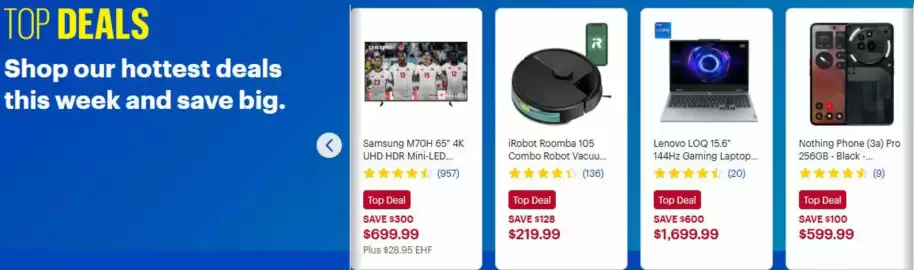Best Buy flyer Page 3: Lenovo LOQ 15.6" 144Hz Gaming Laptop €1.699,99, IRobot Roomba 105 Combo Robot Vacuum €219,99