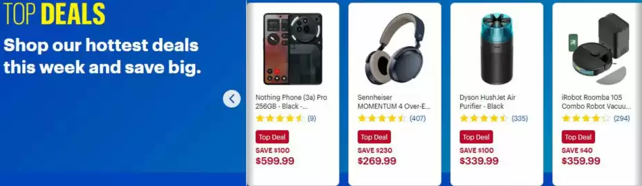 Best Buy flyer Page 4: IRobot Roomba 105 Combo Robot Vacuum €359,99, Dyson HushJet Air Purifier - Black €339,99