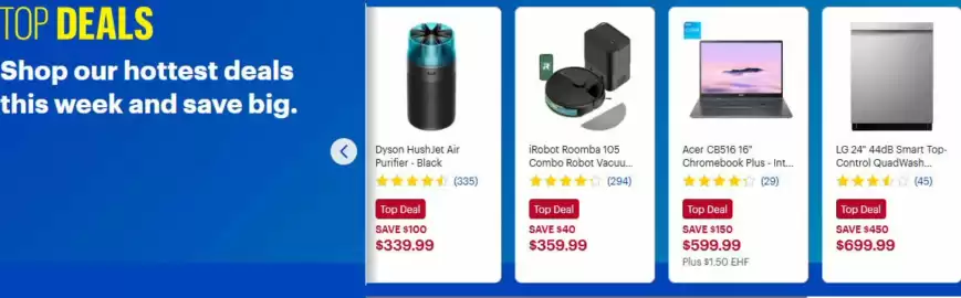 Best Buy flyer Page 5: LG 24" 44dB Smart Top-Control QuadWash €699,99, IRobot Roomba 105 Combo Robot Vacuum €359,99