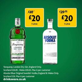 Morrisons leaflet Page 6: Absolut vodka €20,00, Tanqueray london dry gin €20,00