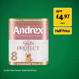 Morrisons leaflet Page 4: Andrex skin protect toilet roll 8 pack €4,97