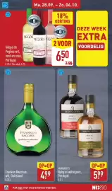 ALDI folder week 40 Pagina 20: Franken Bacchus wit, Duitsland €4,99, Maynard's Ruby of Witte Port, Portugal €5,99