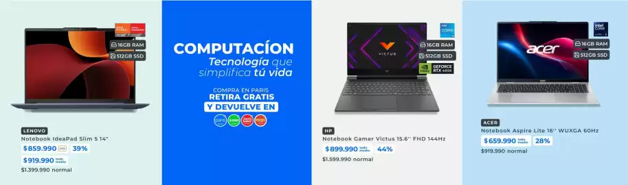 Catálogo Paris Página 11: Acer - notebook aspire lite 16 wuxga 60hz €659.990,00, Lenovo - notebook slim 5 14 €859.990,00