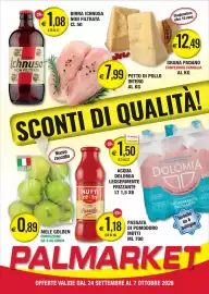 Volantino Palmarket Pagina 2: Birra Ichnusa non filtrata €1,08, Passata di pomodoro Mutti €1,18