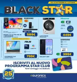 Volantino Euronics Pagina 1: Lavatrice Hisense €449,00, Samsung Smart TV Ultra HD 4K + Soundbar €589,00