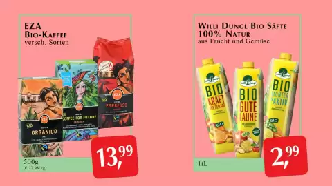 Winkler Markt Flugblatt Seite 1: EZA Bio-Kaffee €13,99, Willi Dungl Bio Säfte €2,99