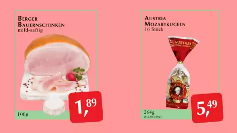 Winkler Markt Flugblatt Seite 13: Austria Mozartkugeln €5,49, Berger Bauernschinken mild-saftig €1,89