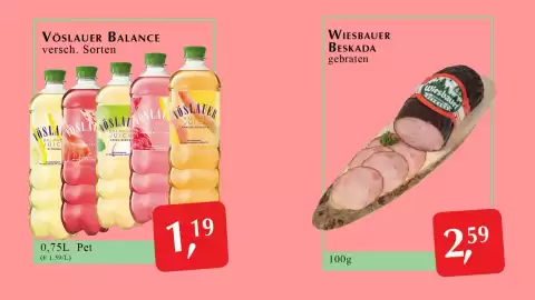 Winkler Markt Flugblatt Seite 2: Wiesbauer Beskada gebraten €2,59, Vöslauer Balance €1,19