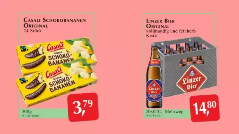 Winkler Markt Flugblatt Seite 6: Casali Schokobananen Original €3,79, Linzer Bier Original €14,80