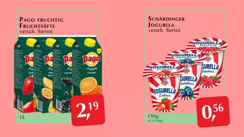 Winkler Markt Flugblatt Seite 9: Pago fruchtig Fruchtsäfte €2,19, Schärdinger Jogurella €0,56