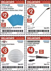 Harbor Freight Tools weekly ad Page 3: Nuisance dust masks 10-pack €3,00, 36 in. Pickup and Reach Tool €2,00