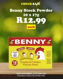 Check Save catalogue Page 7: CHECK SAVE Benny Stock Powder 10 x 17g R12.99 each BENNY 1 Sachet = 2 Stock Cubes 10 SACHETS