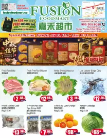 Fusion Supermarket flyer week 39 Page 1: A+ frozen raw black tiger shrimp €7,98, Frozen Seabass Collar €13,98