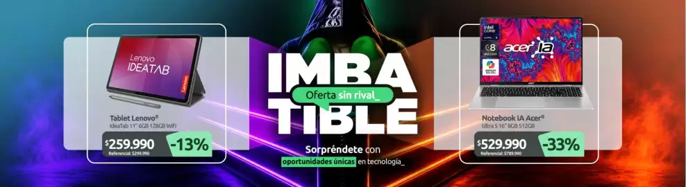 Catálogo PC Factory Página 1: Notebook IA Acer €529.990,00, Tablet Lenovo IdeaTab €259.990,00
