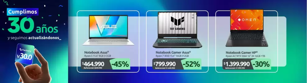 Catálogo PC Factory Página 2: Asus - notebook gamer €799.990,00, Hp - notebook gamer €1.399.990,00