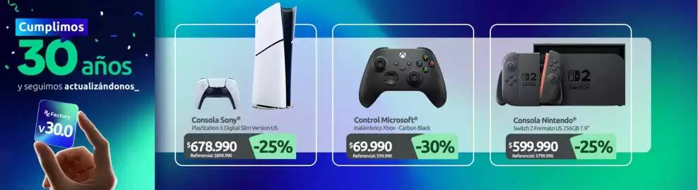 Catálogo PC Factory Página 3: Control Microsoft €69.990,00, Consola Sony playstation 5 digital slim version us €678.990,00