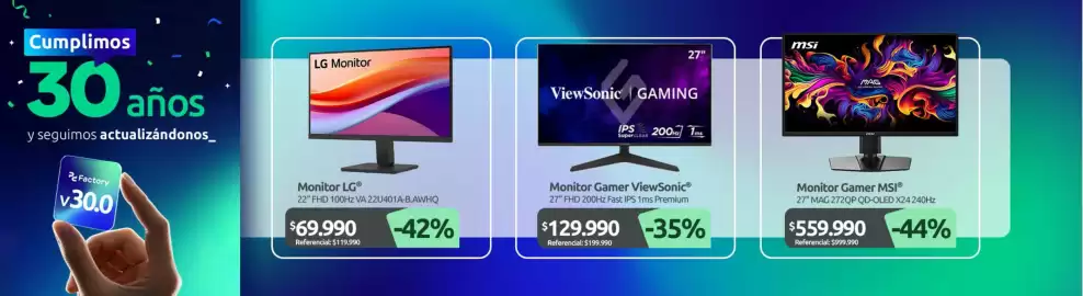 Catálogo PC Factory Página 5: Lg - monitor €69.990,00, Viewsonic - monitor gamer €129.990,00