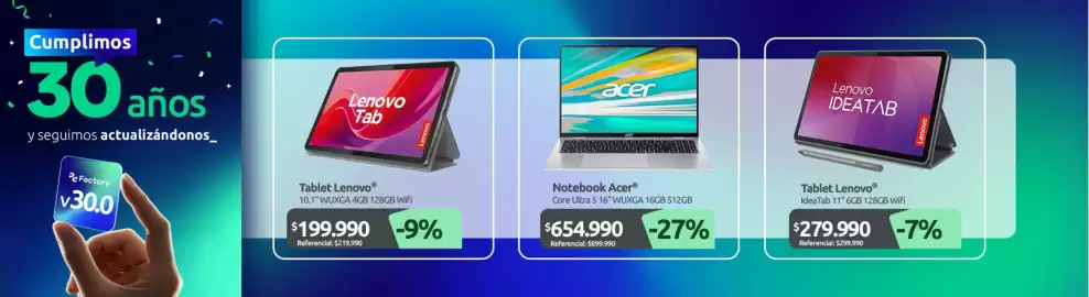 Catálogo PC Factory Página 6: Notebook Acer €654.990,00, Tablet Lenovo €199.990,00