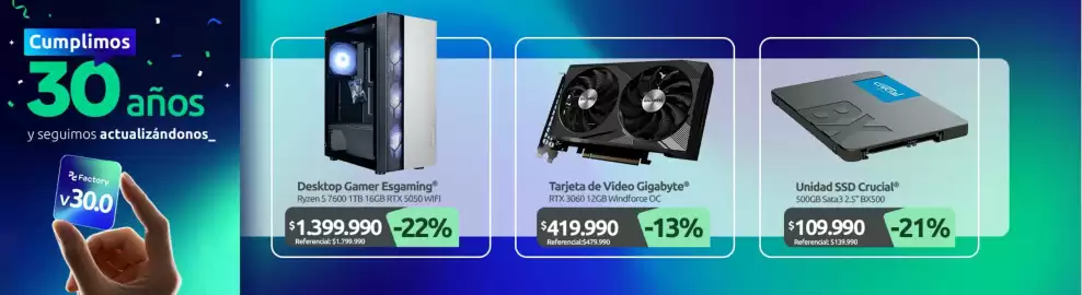 Catálogo PC Factory Página 8: Tarjeta de Video Gigabyte €419.990,00, Desktop Gamer Esgaming €1.399.990,00