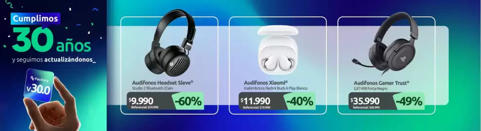 Catálogo PC Factory Página 9: Audifonos sleve €9.990,00, Xiaomi - audifonos €11.990,00