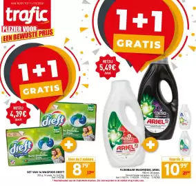 Trafic folder Pagina 1: VAN 30/09 TOT 11/10/2026 trafic PLEZIER VOOR EEN BEWUSTE PRIJS 1+1 GRATIS HETZIJ 4,39€ /pack ASTIE