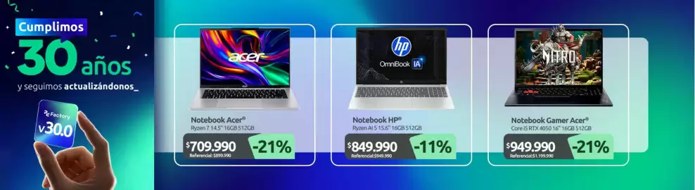 Catálogo PC Factory Página 2: Hp - notebook €849.990,00, Acer - notebook €709.990,00