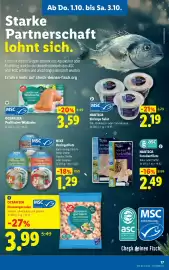 Lidl Flugblatt woche 40 Seite 19: OCEAN SEA Pazifischer Wildlachs €3,59, Nautica Shrimps Salat €2,19