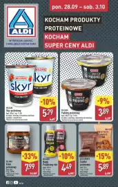 ALDI gazetka tydzień 40 Strona 1: Pudding proteinowy waniliowy Milsani €3,89, Skyr proteinowy truskawkowy Milsani €5,79