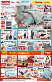 Norma Prospekt woche 41 Seite 2: Chronique Digitaler Radiowecker €12,99, Kuschel-Wendesteppbett ORTHO-Vital €17,99