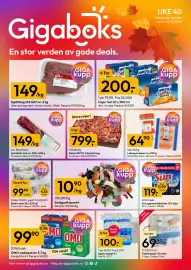 Gigaboks kundeavis uke 40 Side 1: Kjøttdeig 14% fett ca. 2 kg €149,00, Reker 50/70. 5 kg kartong €799,00