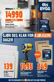Obs Bygg kundeavis Side 1: GIPSPLATE STANDARD 12,5 MM €139,00, DEWALT DCF921N 18V XR MUTTERTREKKER €1.495,00