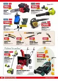 Bauhaus reklamblad Sida 30: LÖVBLÅS RY18BLXD-150 18V €1.995,00, UNIVERSALKLIPPARE UPX86 €1.095,00