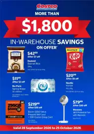 Costco catalogue Page 1: Nu-Pure Spring Water €11,49, Nestle Kit Kat Mini €20,99