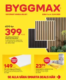 Byggmax reklamblad Sida 1: Isoleringsskiva Lambda 37 Ursa €23,95, Akustikpanel Quanti 2440 mm Fibrotech €399,00