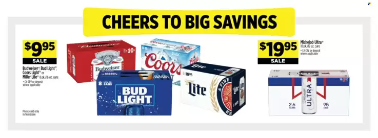 Dollar General weekly ad week 40 Page 4: Michelob Ultra €19,95, Budweiser, Bud Light, Coors Light, Miller Lite €9,95