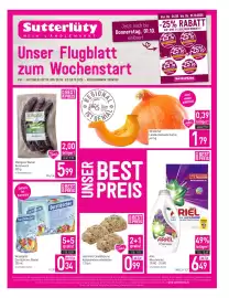Sutterlüty Flugblatt Seite 1: Metzgerei Walser Burenwurst €5,99, Ländle Hokkaido Kürbis €1,79