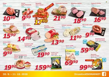ESO MARKET leták Strana 3: Párky €1.090,00, Pisecký gothajský salám €13,90