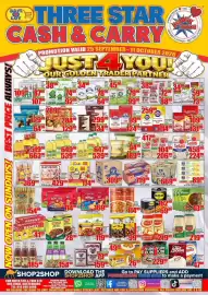 Three Star Cash and Carry catalogue Page 1: Farmer's White Rice €129,99, Sunstar Oil €539,96