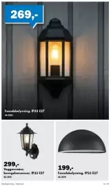 Biltema kundeavis Side 10: Veggarmatur, bevegelsessensor, IP33 E27 €299,00, Fasadebelysning €199,00