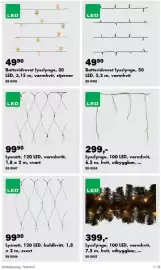 Biltema kundeavis Side 7: Lysnett, 120 LED, varmhvitt, 1,8 x 2 m, svart €99,90, Batteridrevet lysslynge €49,90