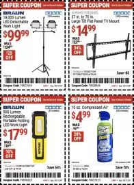 Harbor Freight Tools weekly ad Page 14: Braun 18,000 Lumen LED Detachable Work Light €99,99, Compressed Air €4,99