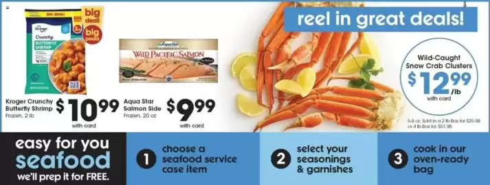 Kroger weekly ad week 40 Page 8: Kroger crunchy butterfly shrimp €10,99, Aqua Star Salmon Side €9,99