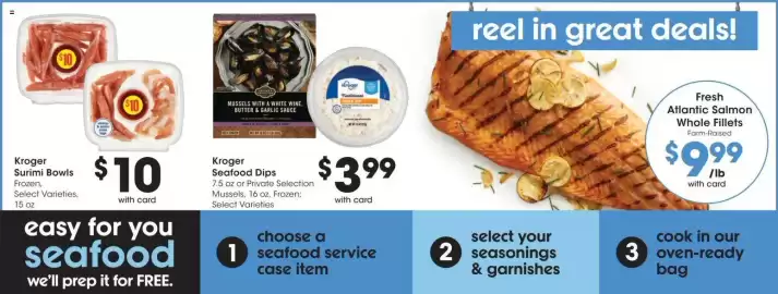 Dillons weekly ad week 40 Page 11: Kroger Surimi Bowls €10,00, Kroger seafood dips €3,99