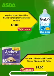 Asda leaflet week 40 Page 5: ASDA Comfort Fresh Blue Skies Fabric Conditioner 52 washes (1.56 L) Comfort fresh £3.00