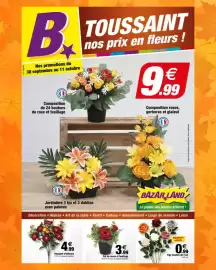 Catalogue Bazarland page 1: Pot de roses et feuillage €3,99, Tige bouton de rose €0,99